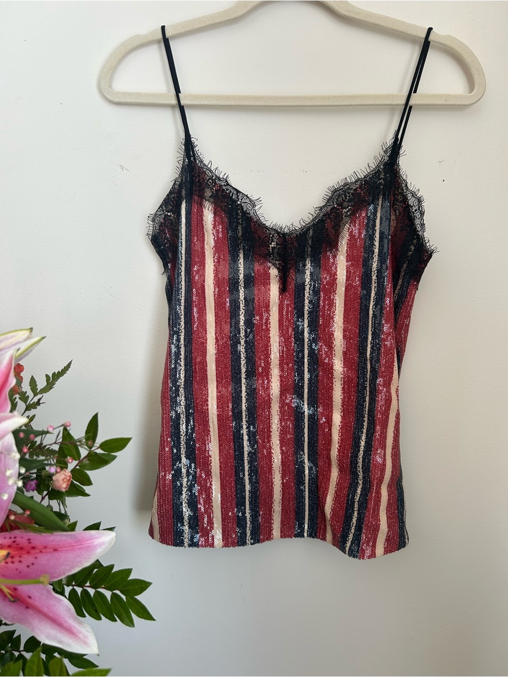 Striped Lace-Trim Cami Tank Top - Red & Navy